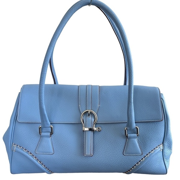Burberry London Nova Check Lined Pebbled Leather Satchel Bag in Light Blue - Picture 1 of 15